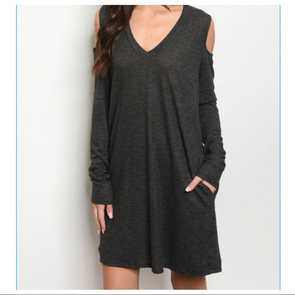 CHARCOAL TWEED V NECK COLD SHOULDER TUNIC DRESS - Picture 2 of 9